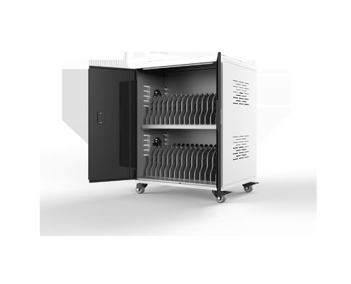 Armoire de chargement pour ordinateurs portables avec 30 prises secteur, ventilateurs de refroidissement et trous d'aération, roulettes et serrures conformes aux normes médicales allemandes